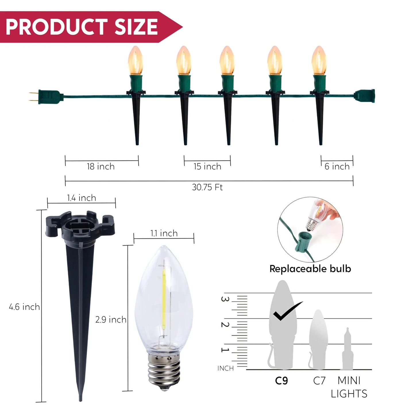 30.75FT C9 Christmas Pathway Lights, 24 LED Bulbs Stake Lights