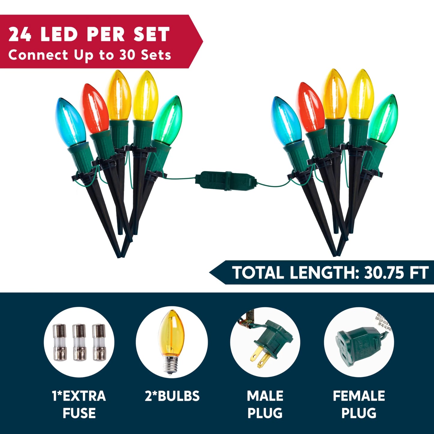 30.75FT C9 Christmas Pathway Lights, 24 LED Jumbo Bulbs Stake Lights