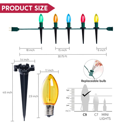 30.75FT C9 Christmas Pathway Lights, 24 LED Jumbo Bulbs Stake Lights