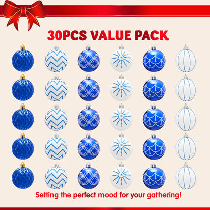 30Pcs 2.3in Designed Christmas Blue and White Ball Ornaments