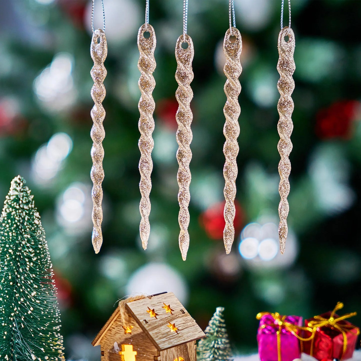 32Pcs 5.3in Glitter Plastic Twisted Sparkling Icicle Hanging Ornament