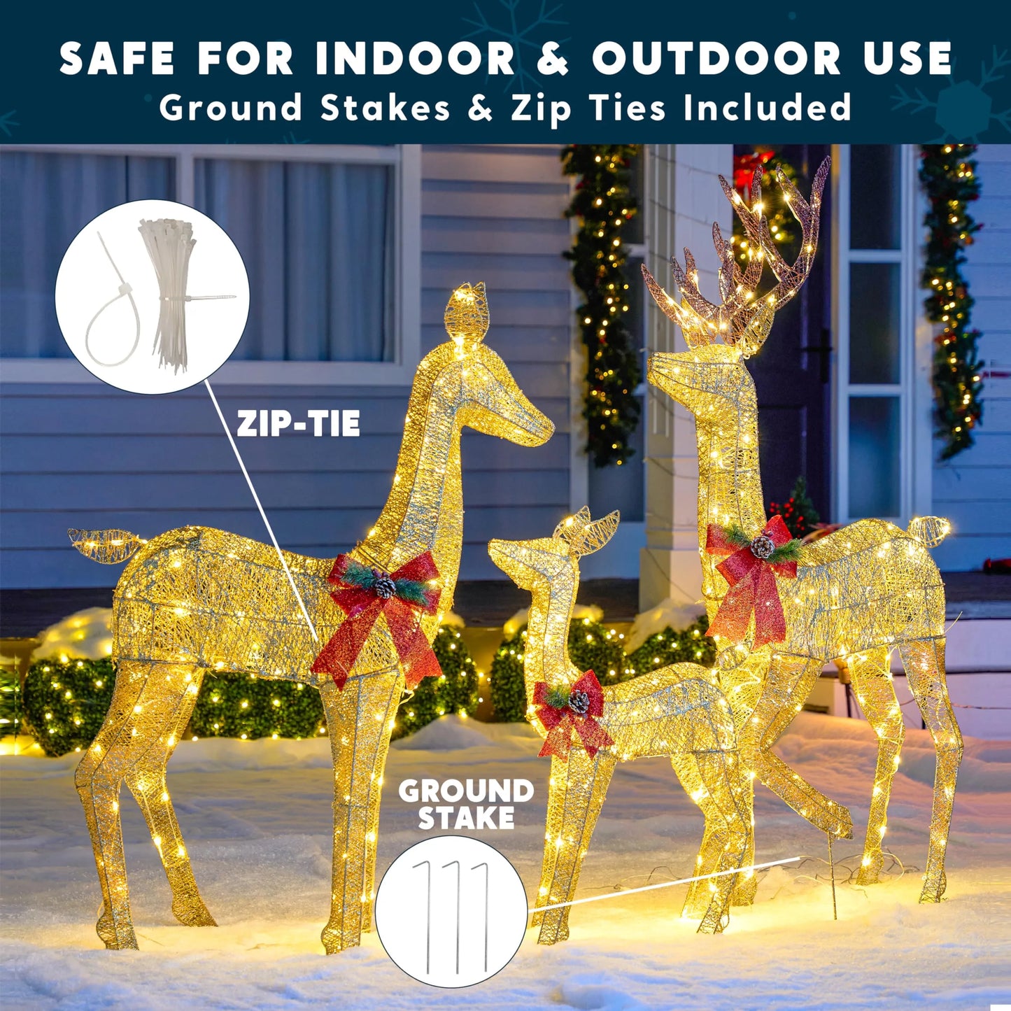 3 Packs 360 LED Lighted Rattan Reindeers Christmas Yard Lights Decoration