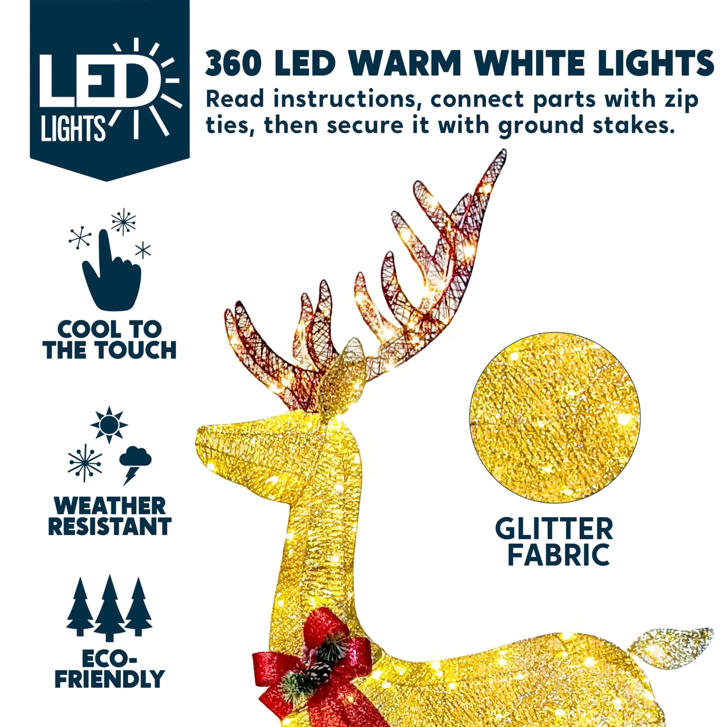 3 Packs 360 LED Lighted Rattan Reindeers Christmas Yard Lights Decoration