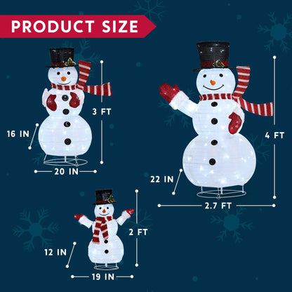 3Pcs 3D Christmas Collapsible Snowman with 270 Pre-Lit LED Cool White Lights
