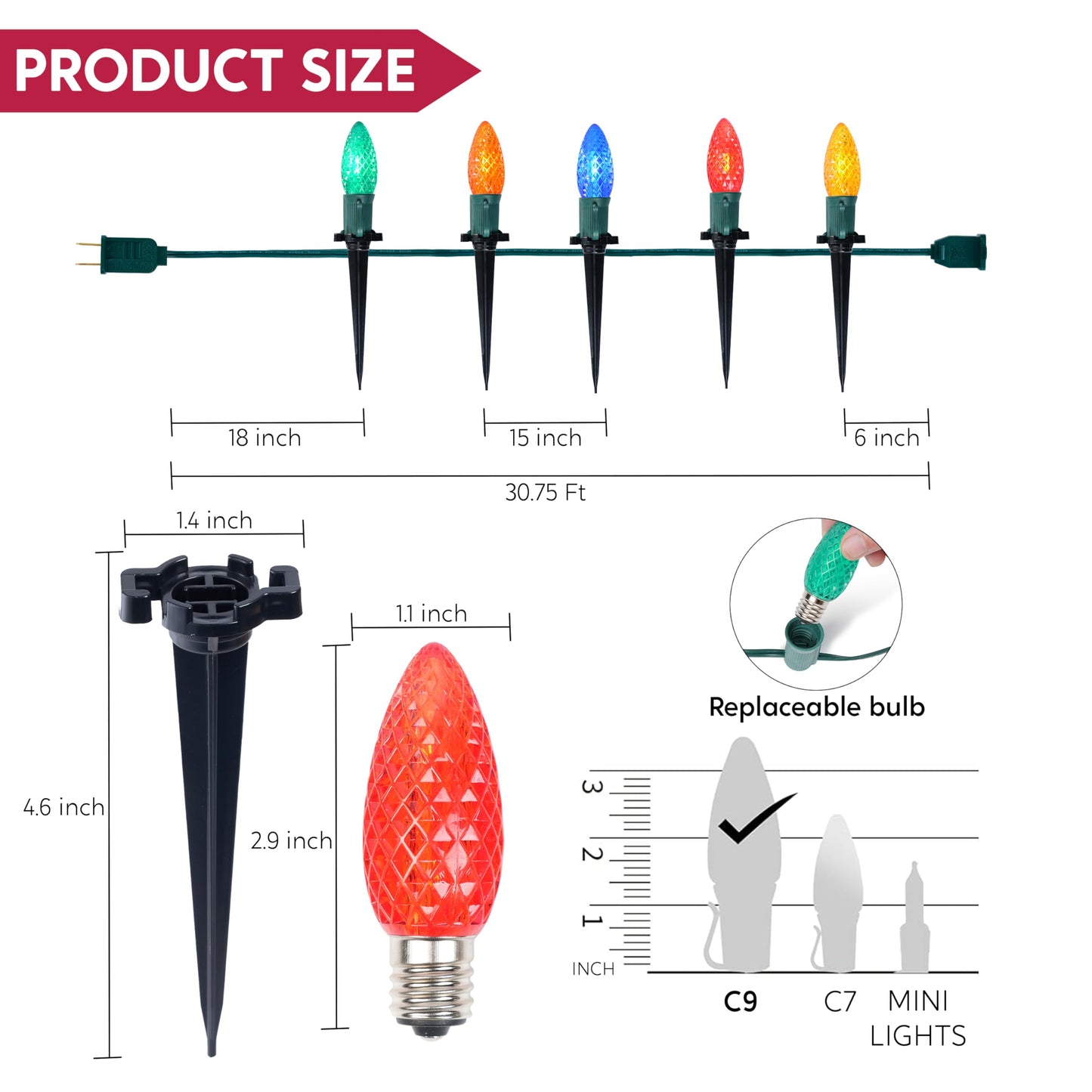 24 Packs 30.75FT C9 Christmas Multicolor LED Pathway Lights
