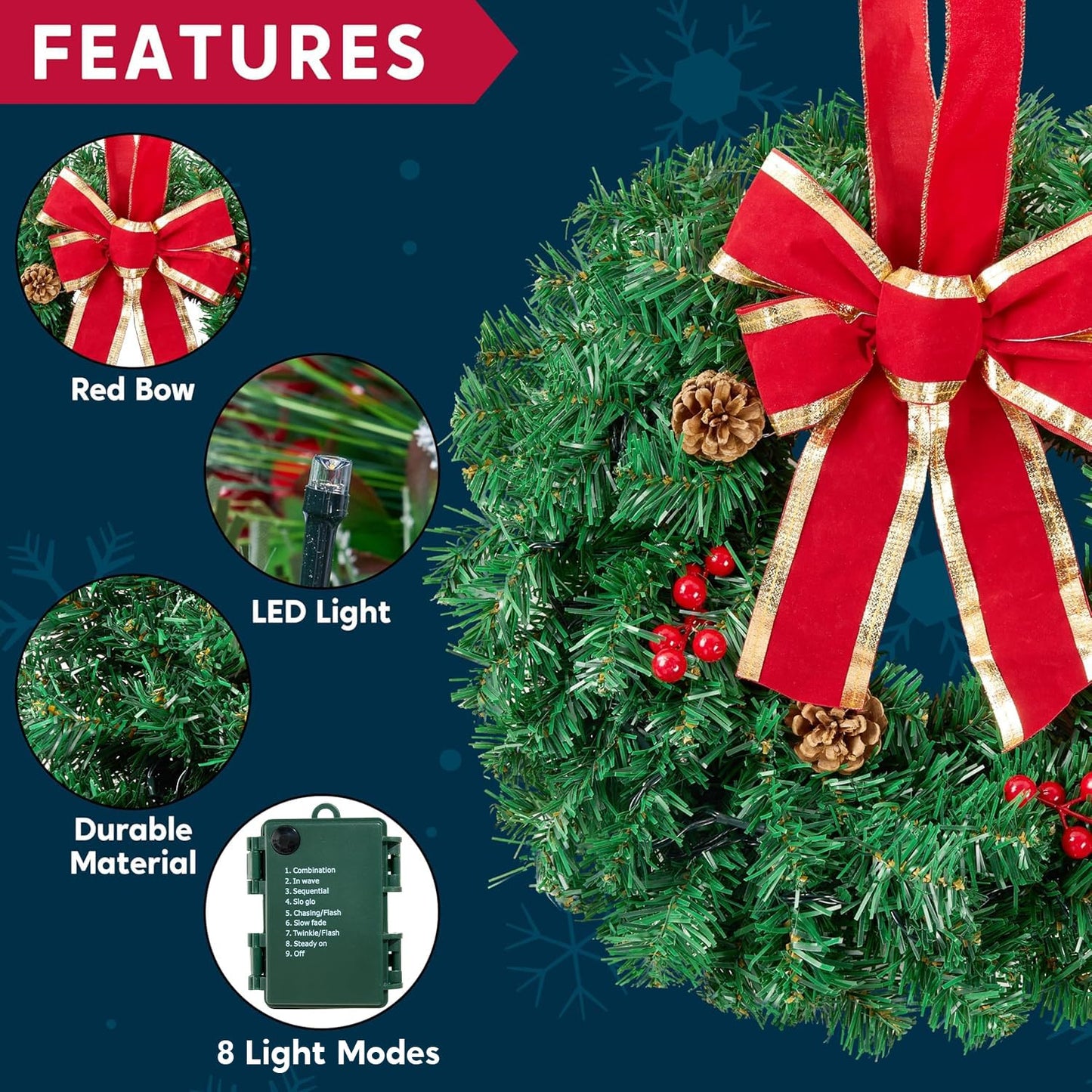 3 Pack 19" Christmas Wreaths with Bow Pre-Lit