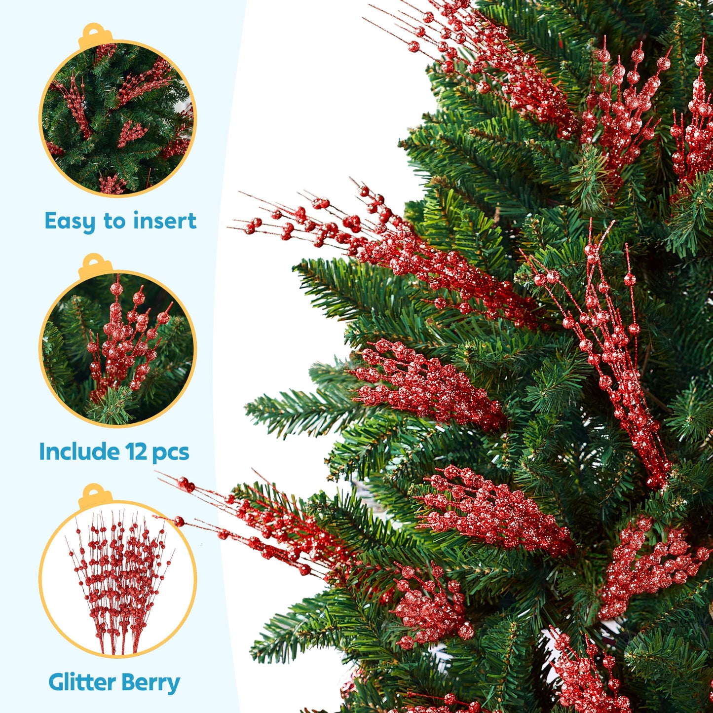 12 Pcs Red Christmas Glitter Berry Stem Ornaments