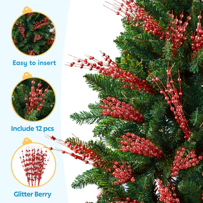 12 Pcs Red Christmas Glitter Berry Stem Ornaments