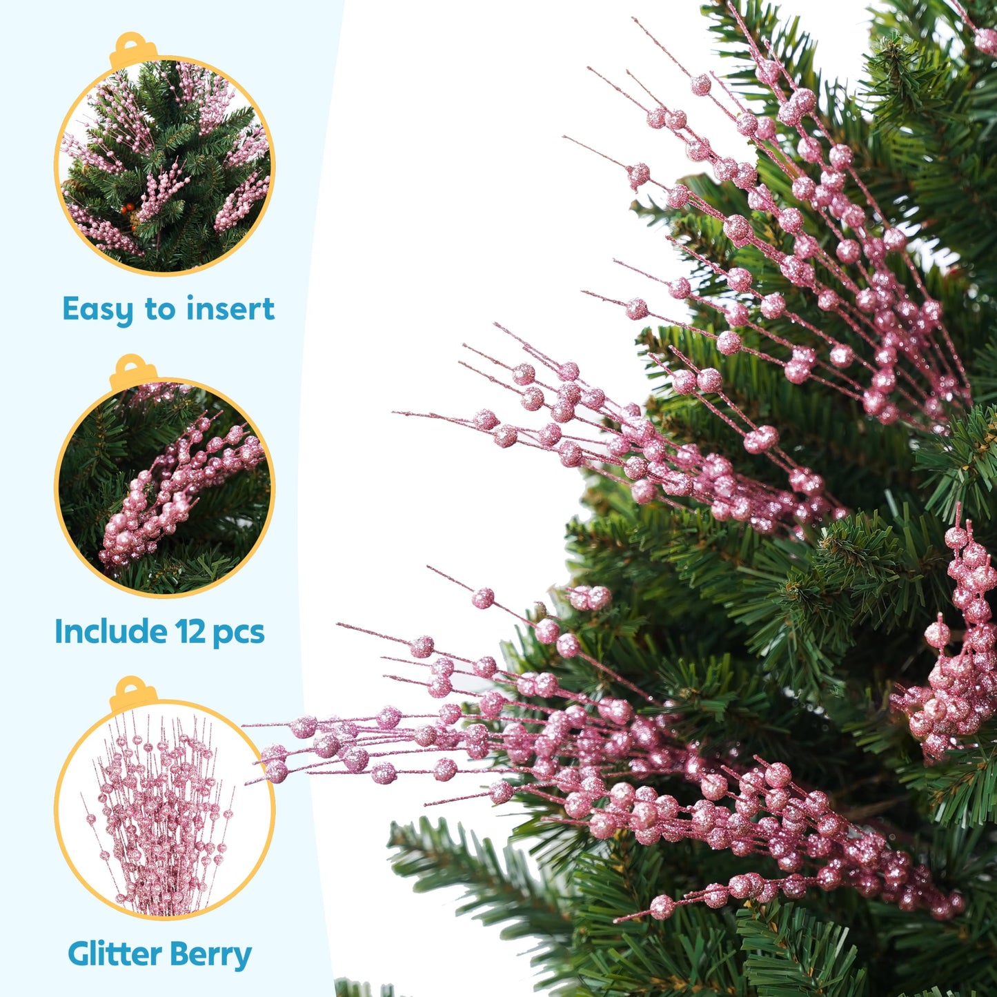 12Pcs 17” Pink Christmas Berry Stem Ornaments