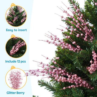 12Pcs 17” Pink Christmas Berry Stem Ornaments