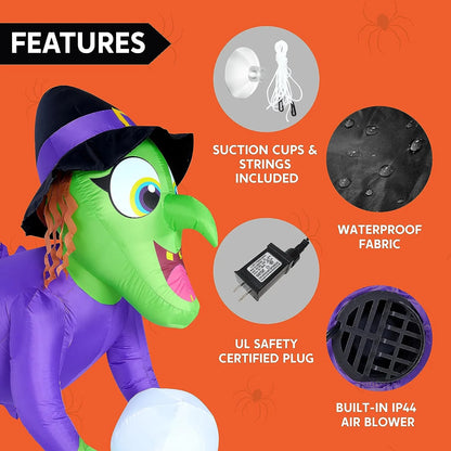 4.5ft Witch Inflatable Window Breaker with Color Changing Magic ball