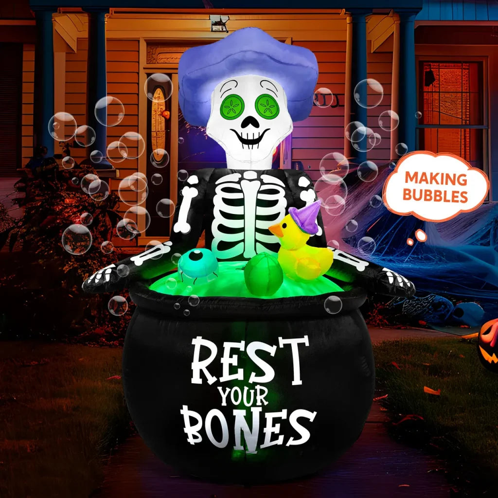 4.8ft Tall Halloween Inflatable Skeleton in Cauldron Bathing