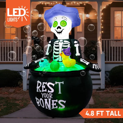 4.8ft Tall Halloween Inflatable Skeleton in Cauldron Bathing