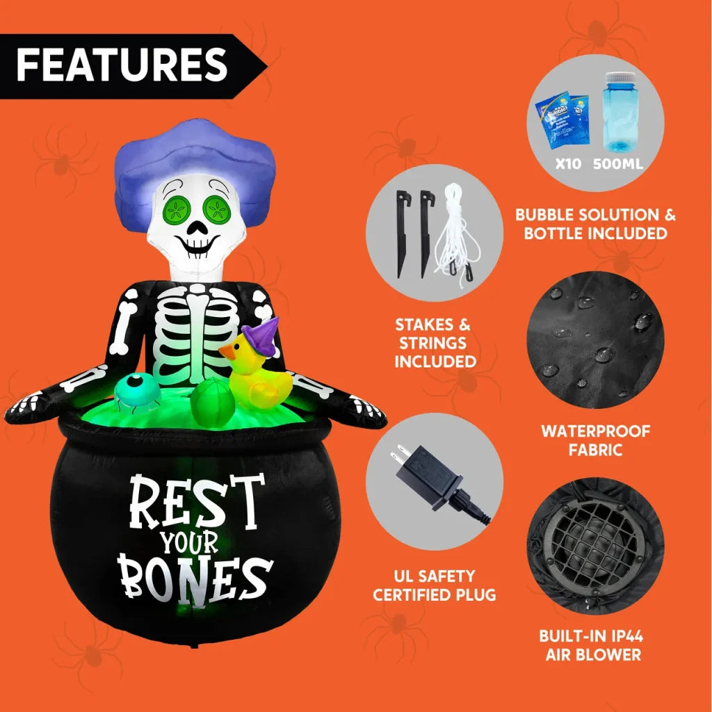 4.8ft Tall Halloween Inflatable Skeleton in Cauldron Bathing