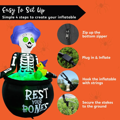 4.8ft Tall Halloween Inflatable Skeleton in Cauldron Bathing