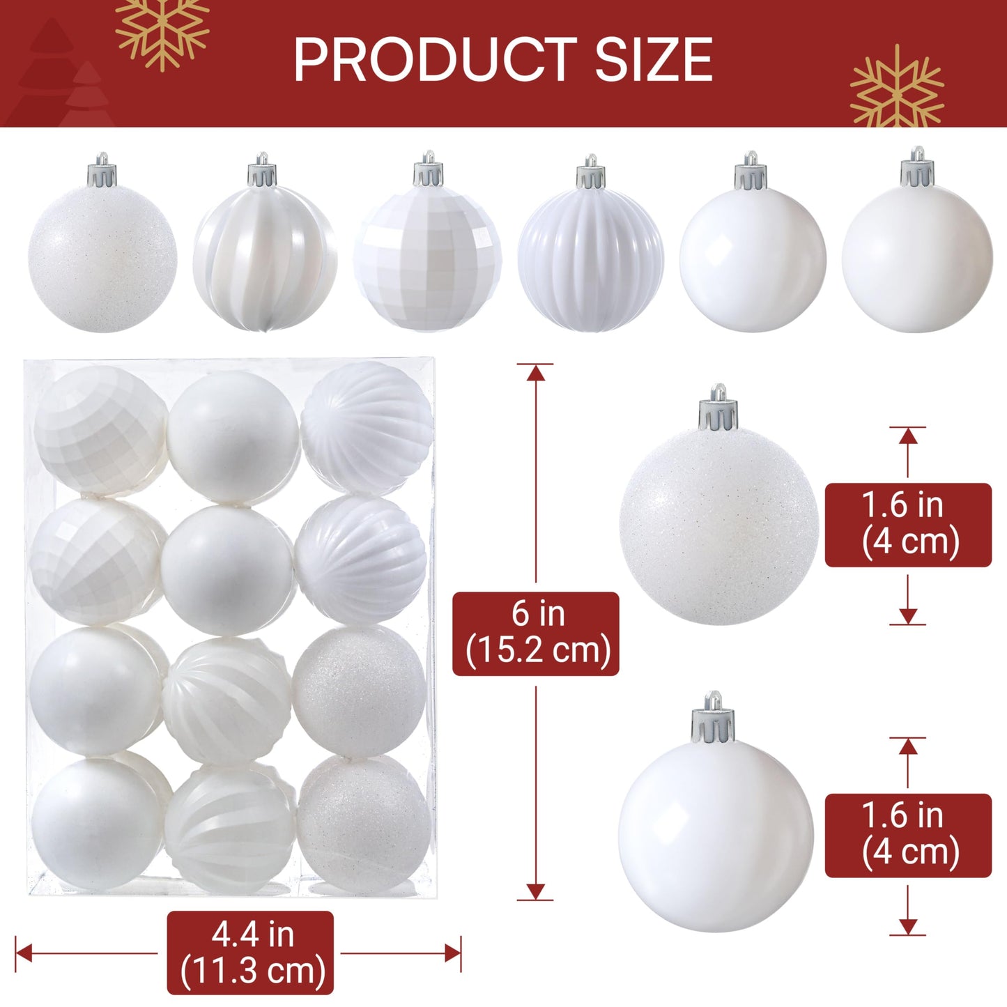 24 Pcs 1.6" White Christmas Balls Ornaments Set