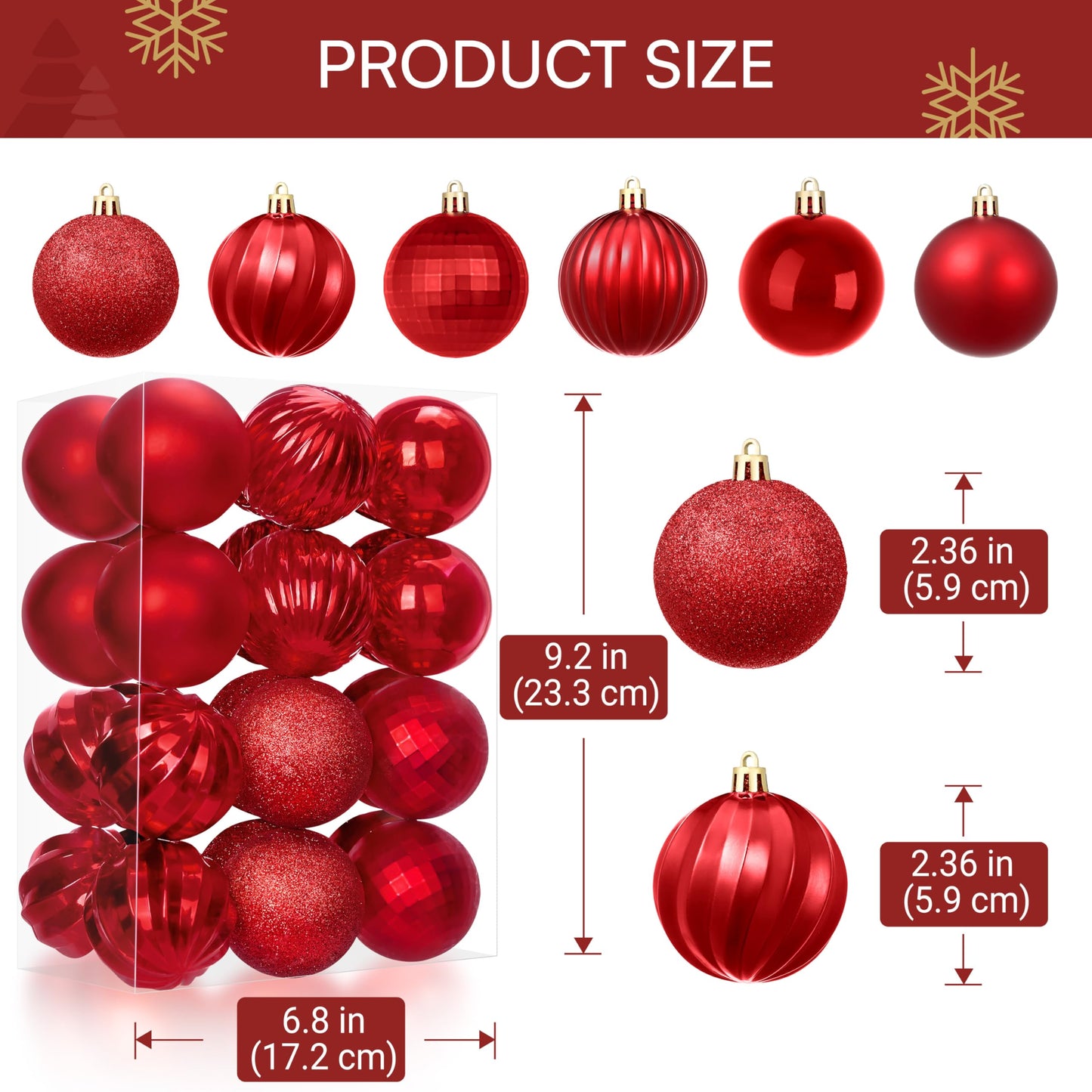 24 Pcs Red Christmas Balls Ornaments Set