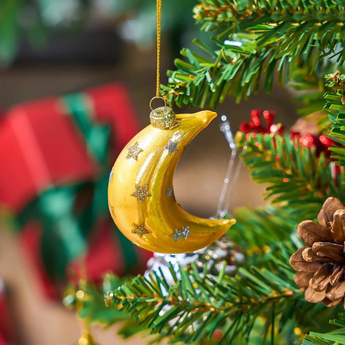 Glitter Blown Glass Moon Decorations for Tree Hanging Ornament