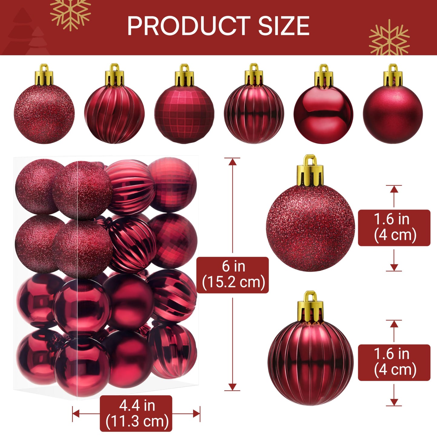 24 Pcs 1.6" Burgundy Red Christmas Balls Ornaments Set