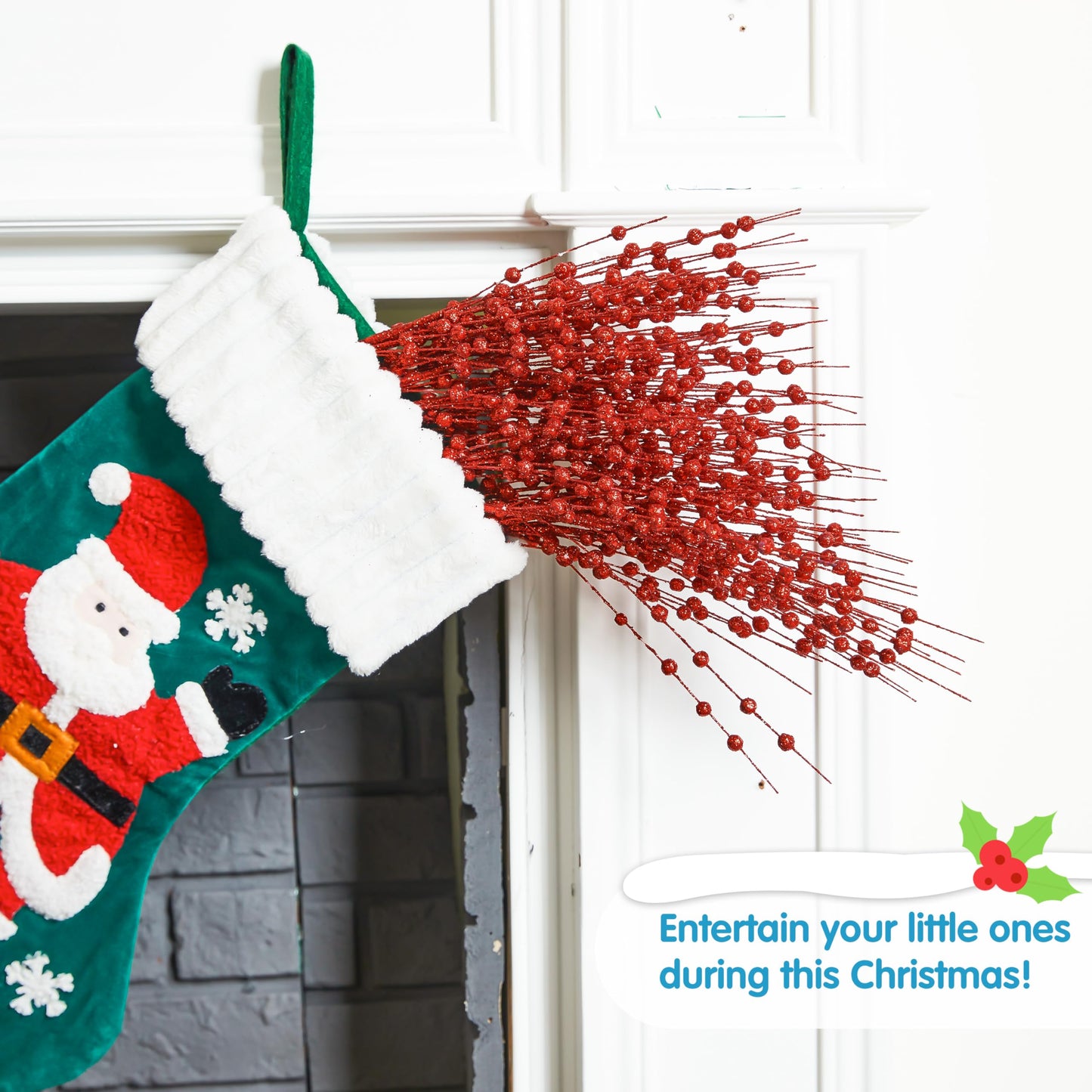 12 Pcs Red Christmas Glitter Berry Stem Ornaments