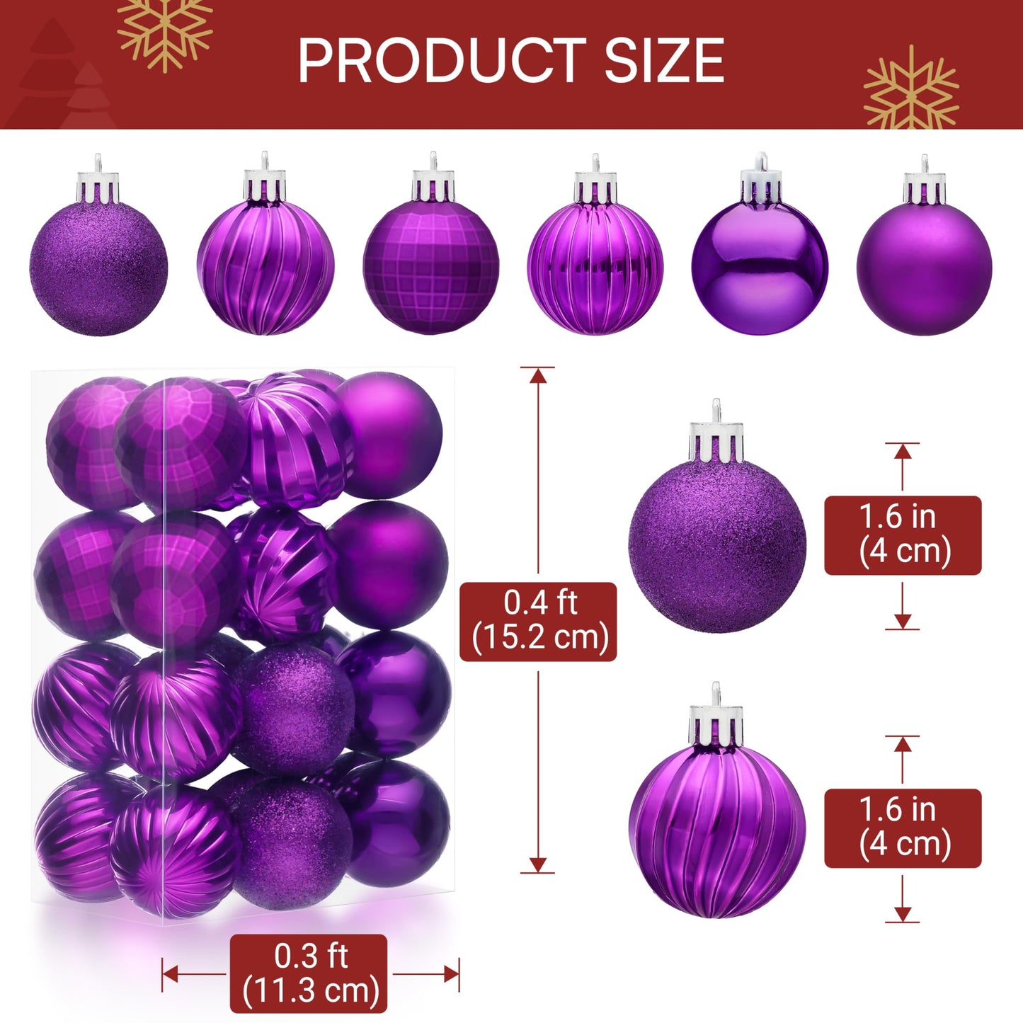 24 Pcs 1.6" Purple Christmas Balls Ornaments Set