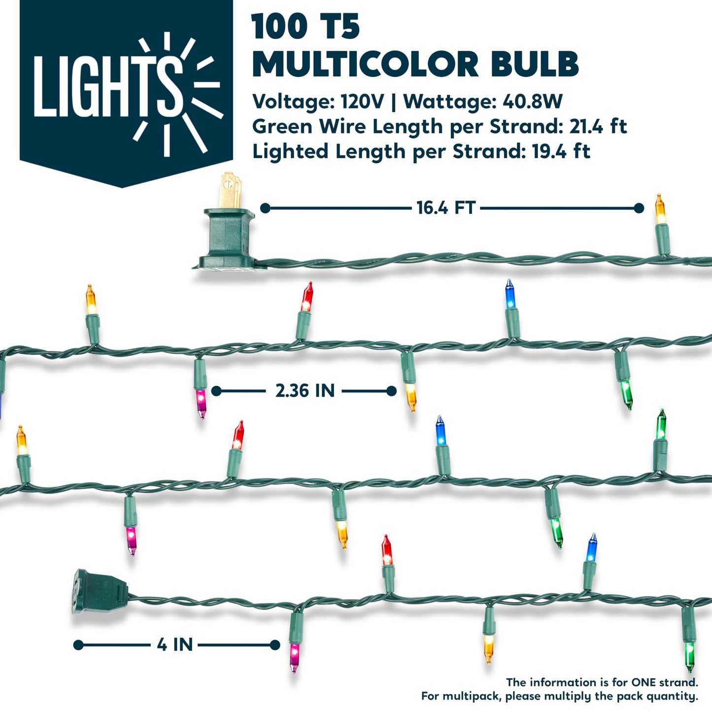 100 Count 21.4FT Multicolor Christmas String Lights