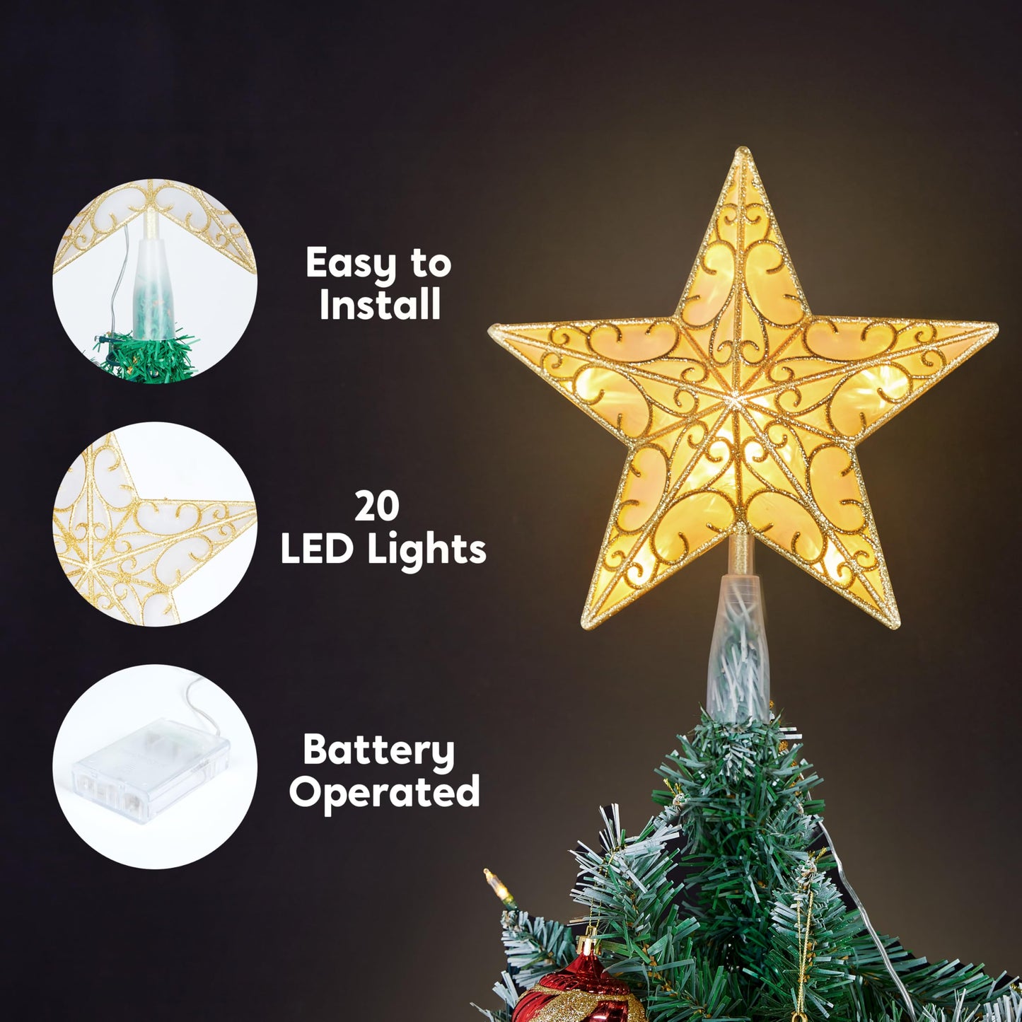 10.5 inch Lighted PVC Glitter Swirl Star Christmas Tree Topper