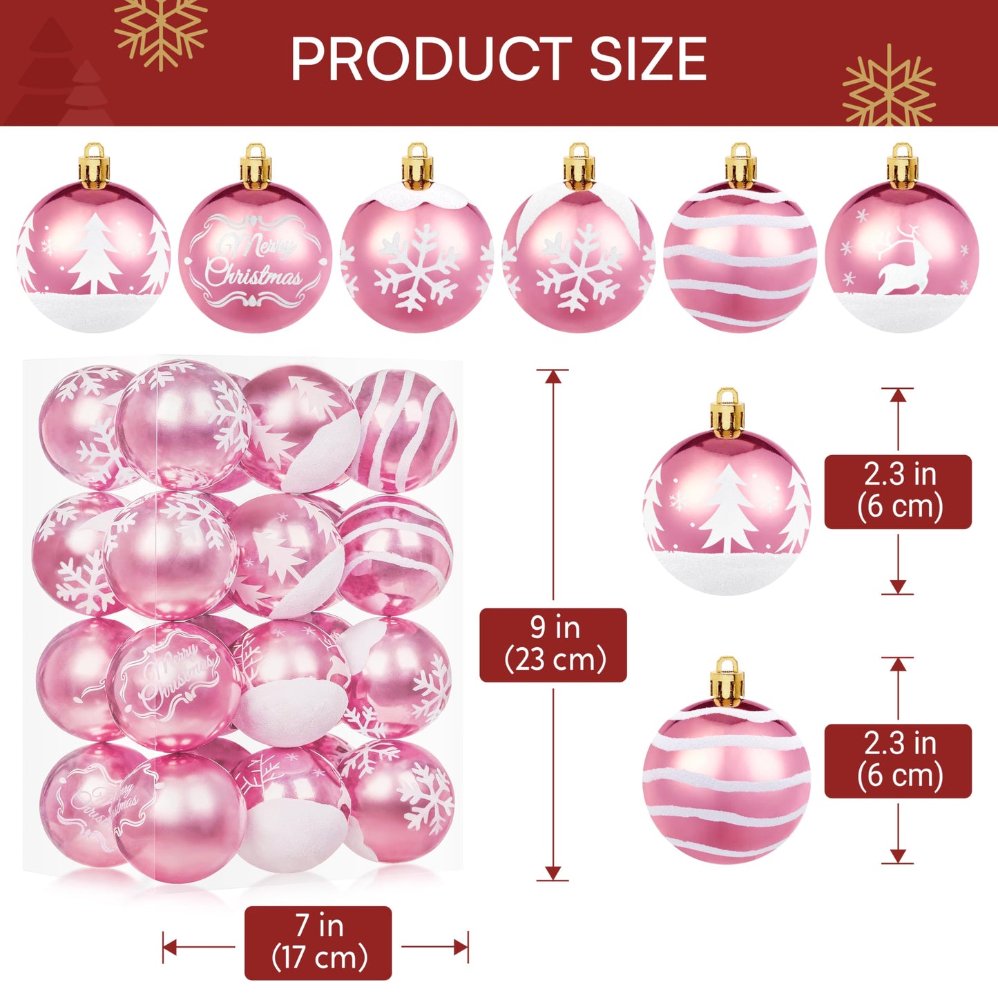 24 Pcs 2.3" Pink White Christmas Ball Ornaments Set