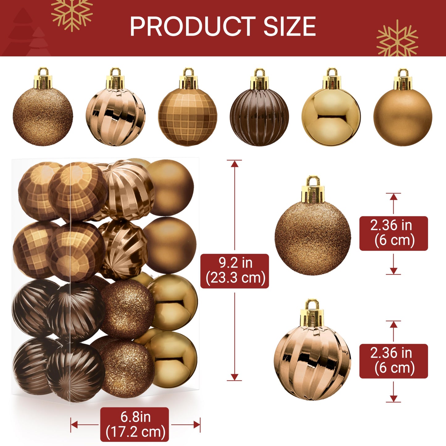 24 Pcs 2.36" Brown Christmas Balls Ornaments Set