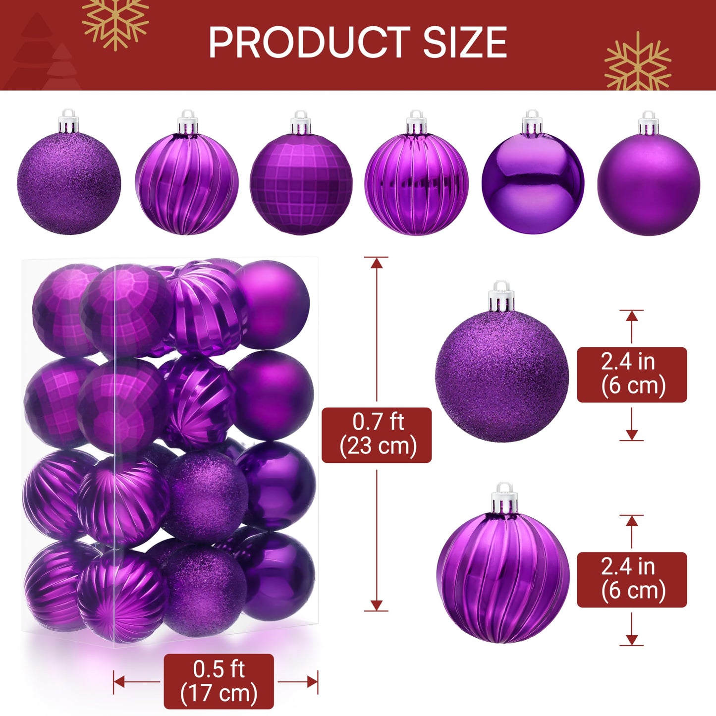 24 Pcs 2.36" Purple Christmas Balls Ornaments Set