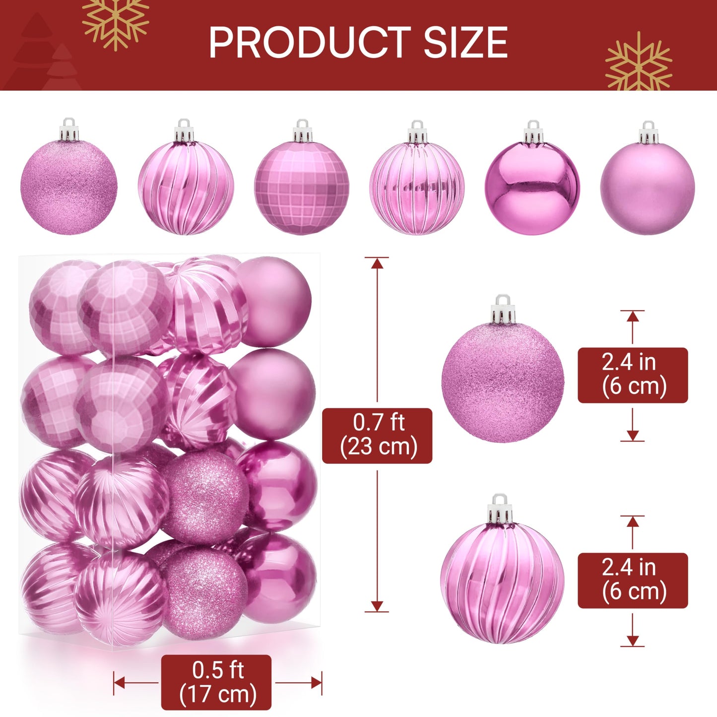24 Pcs 2.36" Pink Christmas Balls Ornaments Set