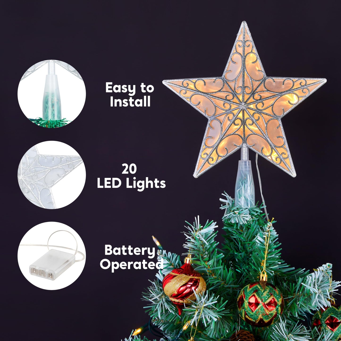 10.5 inch Lighted PVC Glitter Swirl Star Christmas Tree Topper