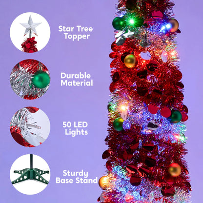 5 FT Pre-Lit Tinsel Christmas Tree with 50 Multicolor LED Lights