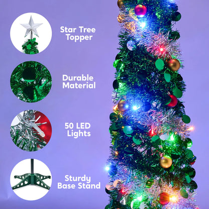 5 FT Tinsel Christmas Tree with 50 Multicolor LED Lights and Ball Ornaments