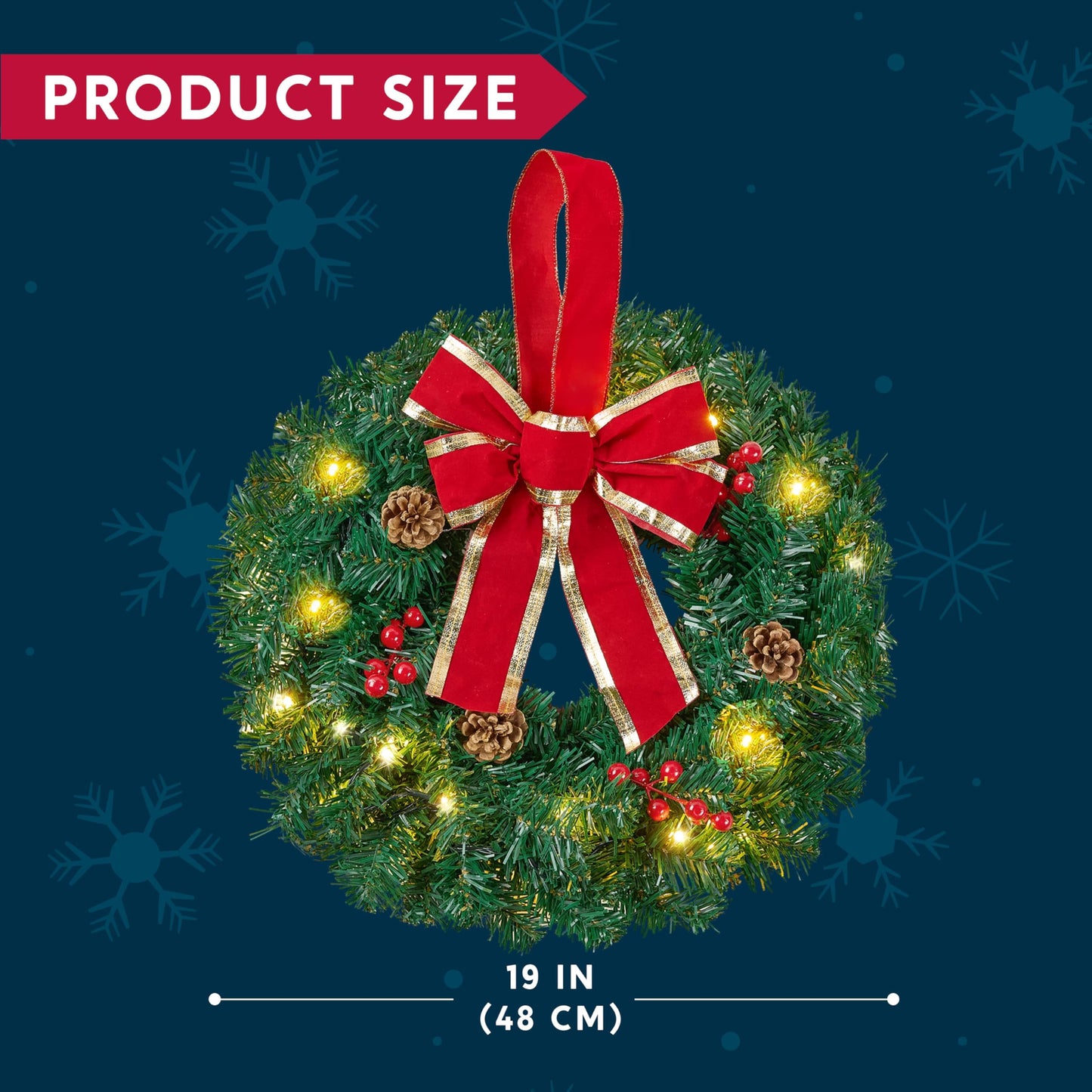 3 Pack 19" Christmas Wreaths with Bow Pre-Lit