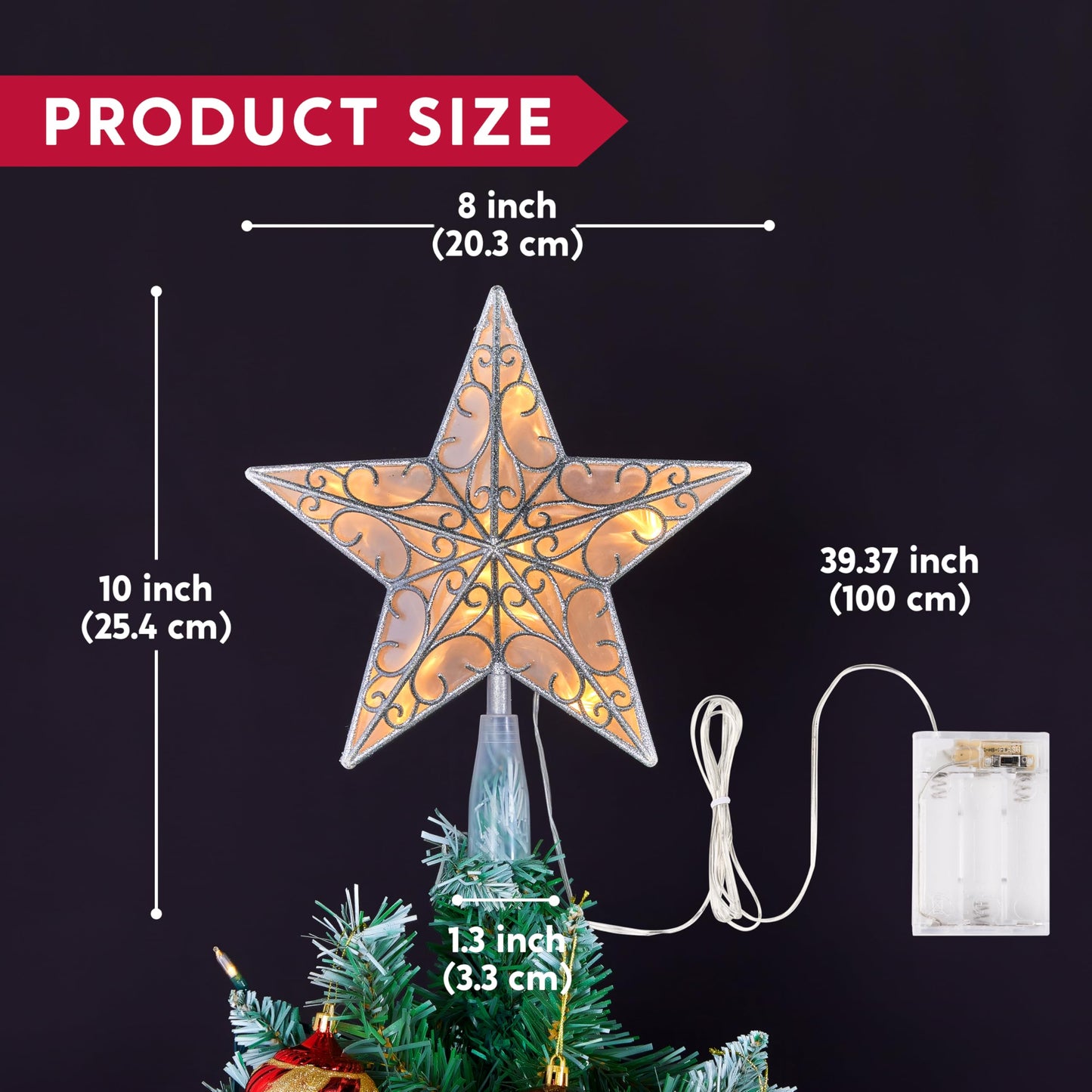 10.5 inch Lighted PVC Glitter Swirl Star Christmas Tree Topper