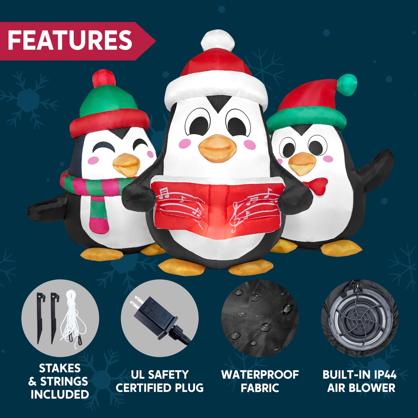 6 FT Long Christmas Inflatable Penguins Choir with Build-in LEDs