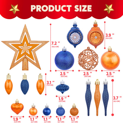 36 Pcs Blue and Orange Christmas Tree Ornaments with Star Topper and Heart