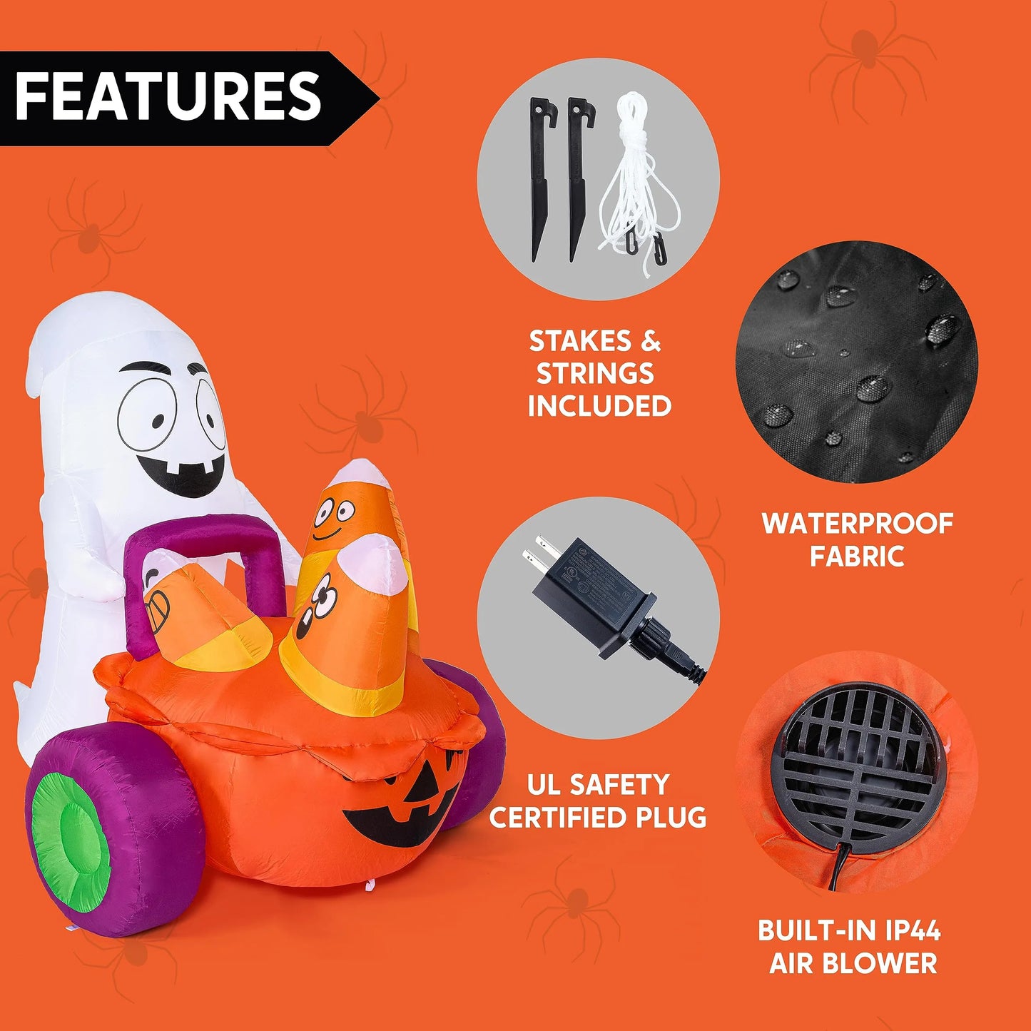 5ft Halloween Inflatable Ghost Pushing Pumpkin Carriage with Candy