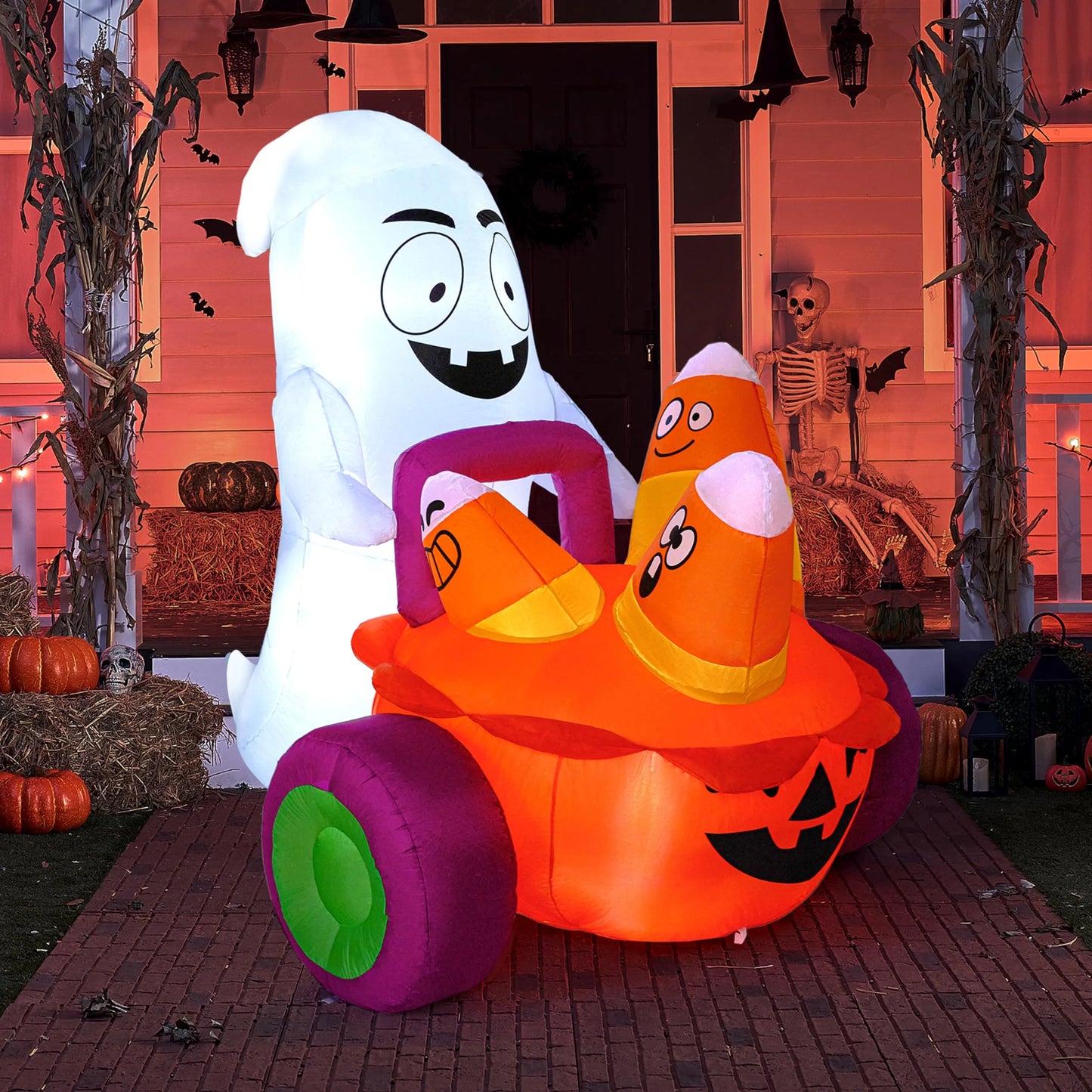 5ft Halloween Inflatable Ghost Pushing Pumpkin Carriage with Candy