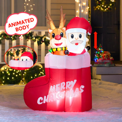 5ft Tall Christmas Inflatable Animated Stocking with Santa and Reindee
