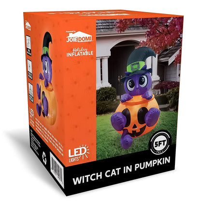 5ft Cute Halloween Witch Cat in Pumpkin