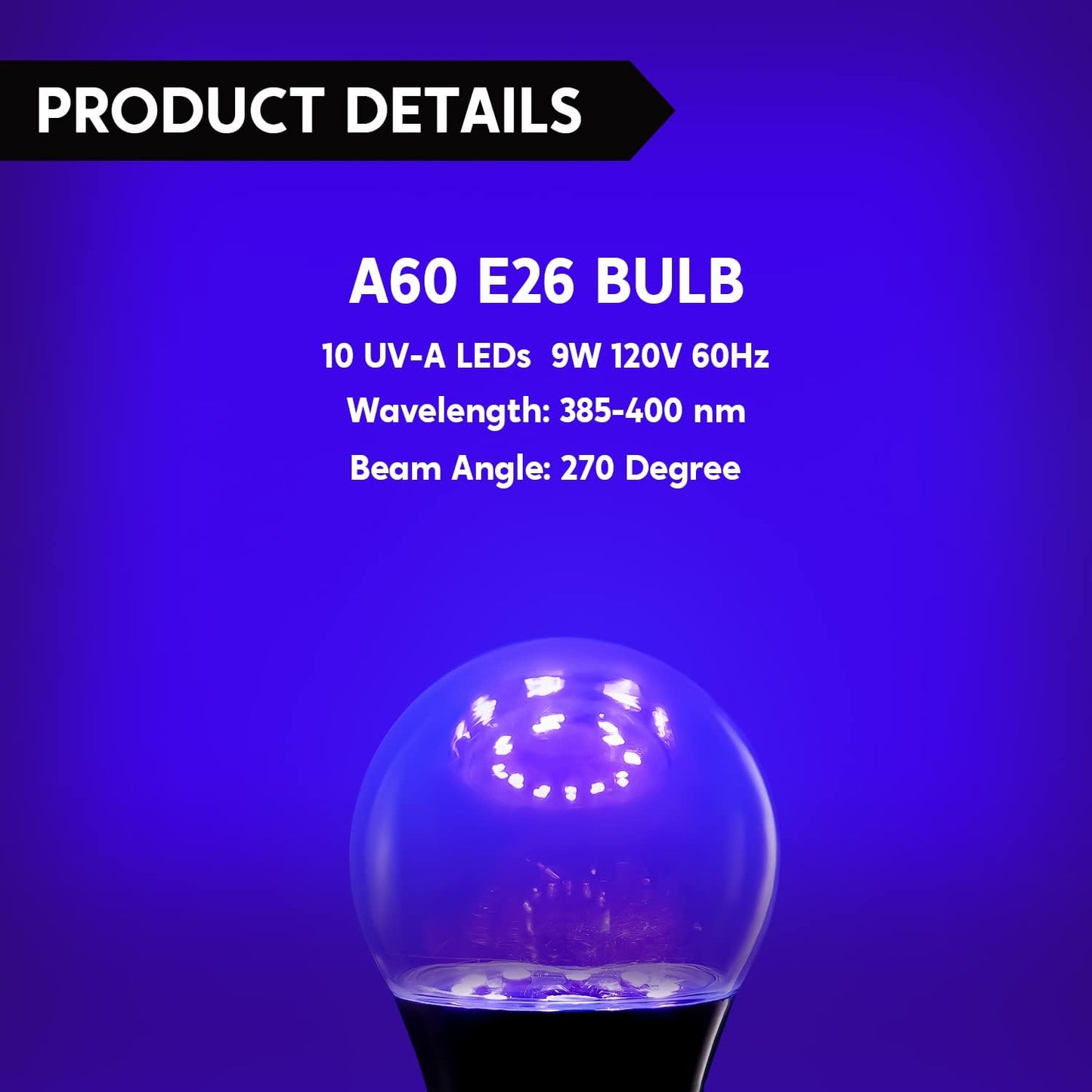 9W LED Black Light Bulb, 2 Packs