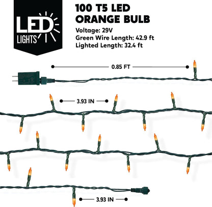 42.9 Ft 100-Count Orange LED 8 Modes Green Wire Light Set
