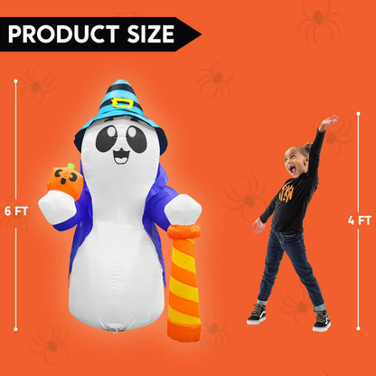 6 FT Tall Halloween Cute Wizard Ghost Inflatable with Flaming Light