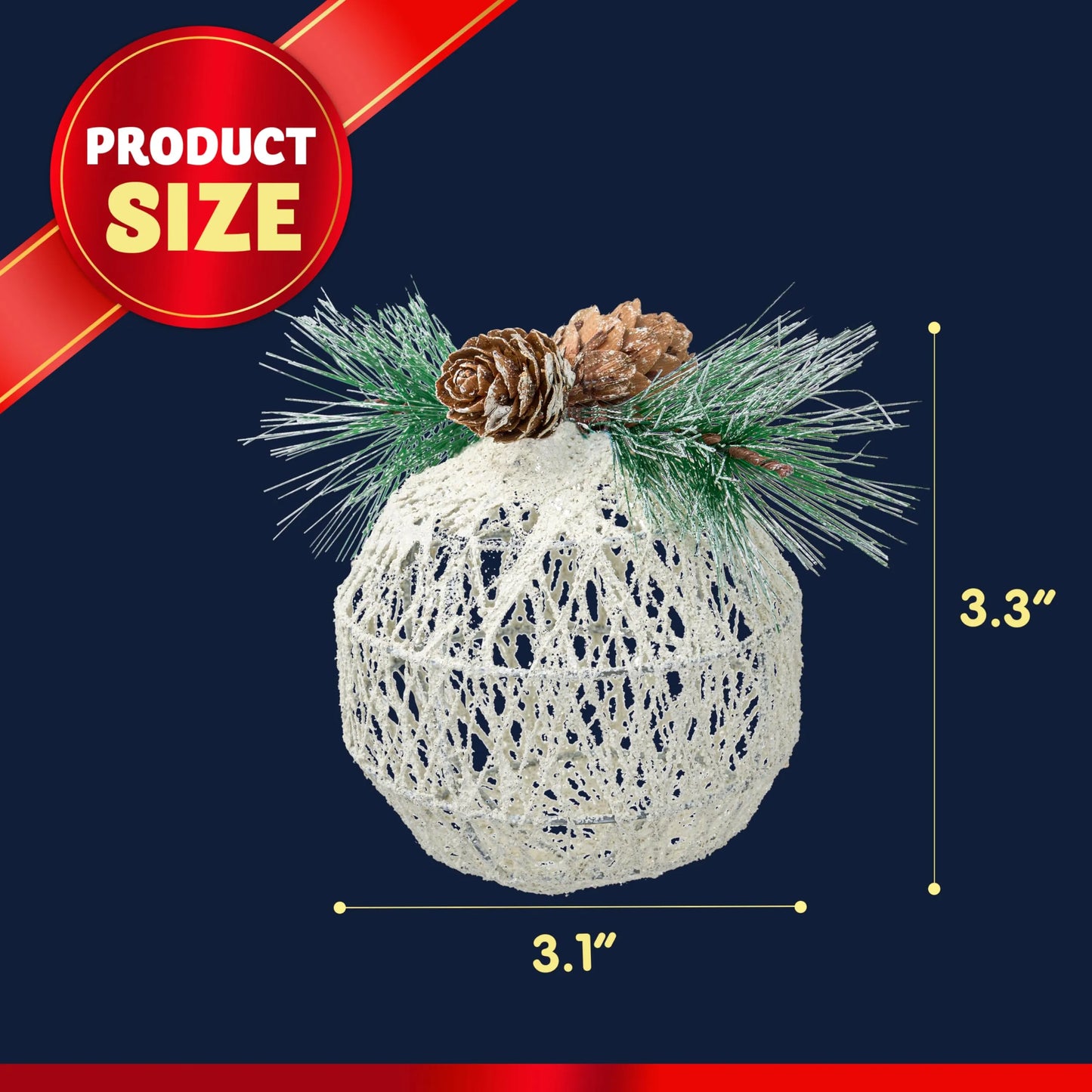 6Pcs Christmas White Ball Ornament 3.3in with Thread & Pinecone