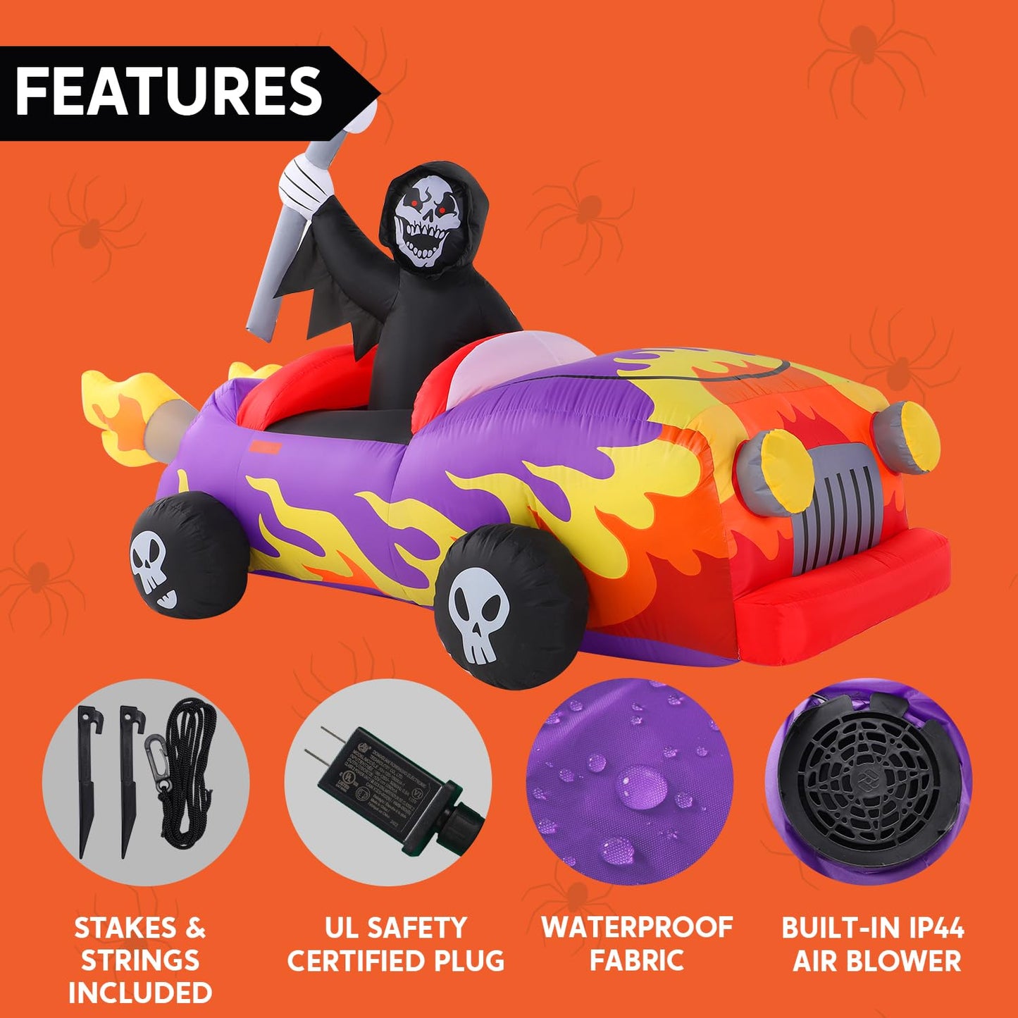 8ft Long Halloween Inflatable Grim Reaper Driving Car