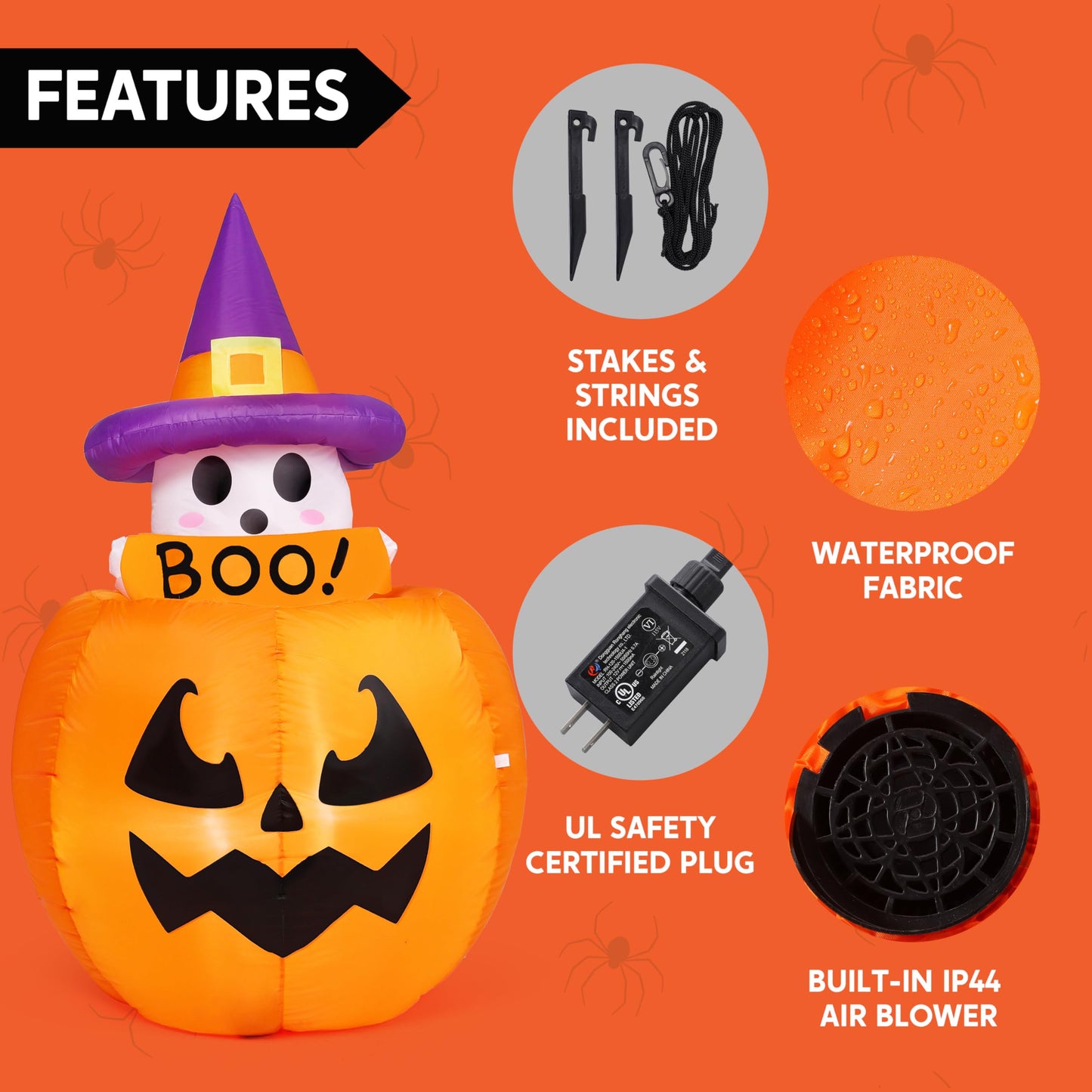 5ft Halloween Inflatable Ghost on Pumpkin with LEDs