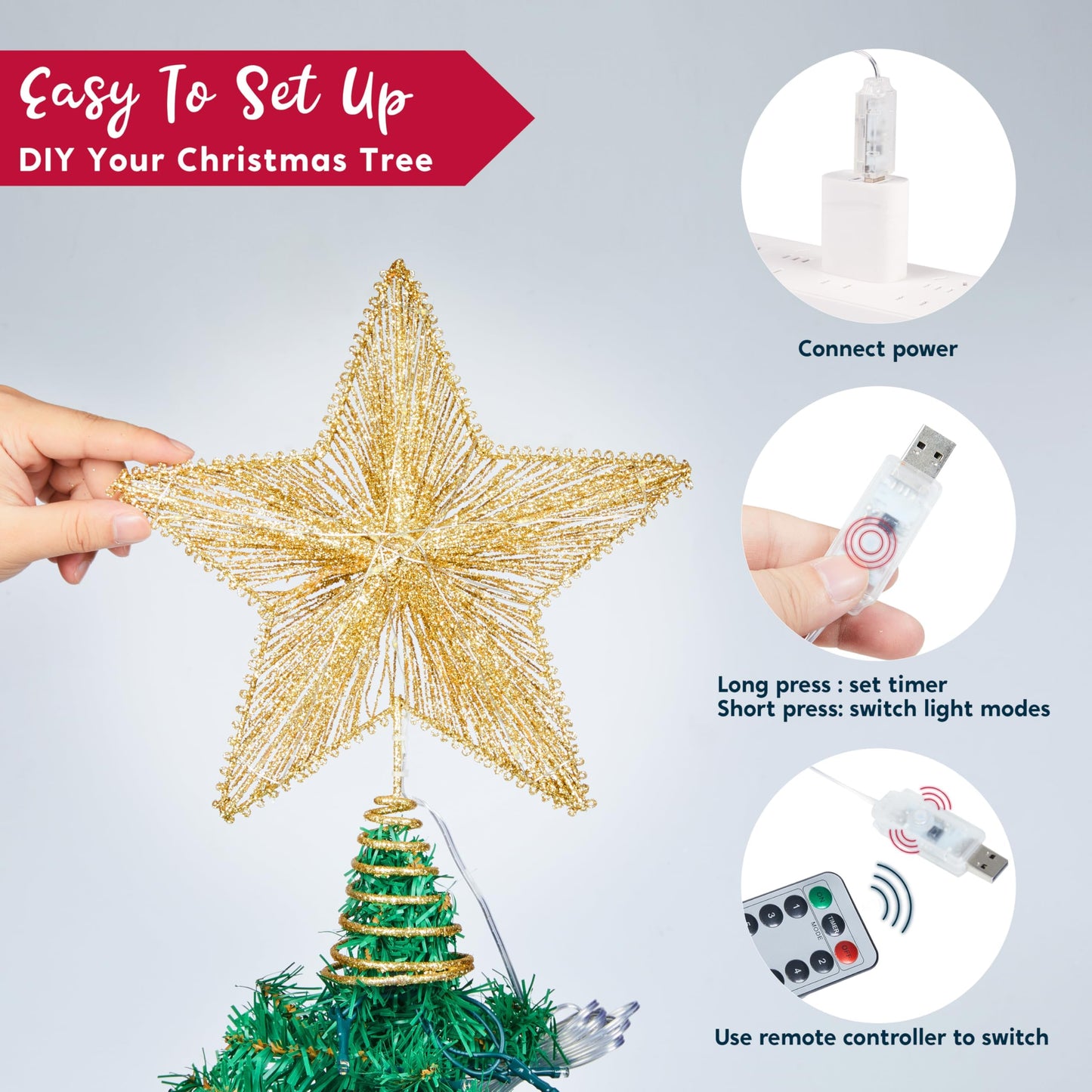 9.5" Golden Christmas Star Tree Topper Radial Design