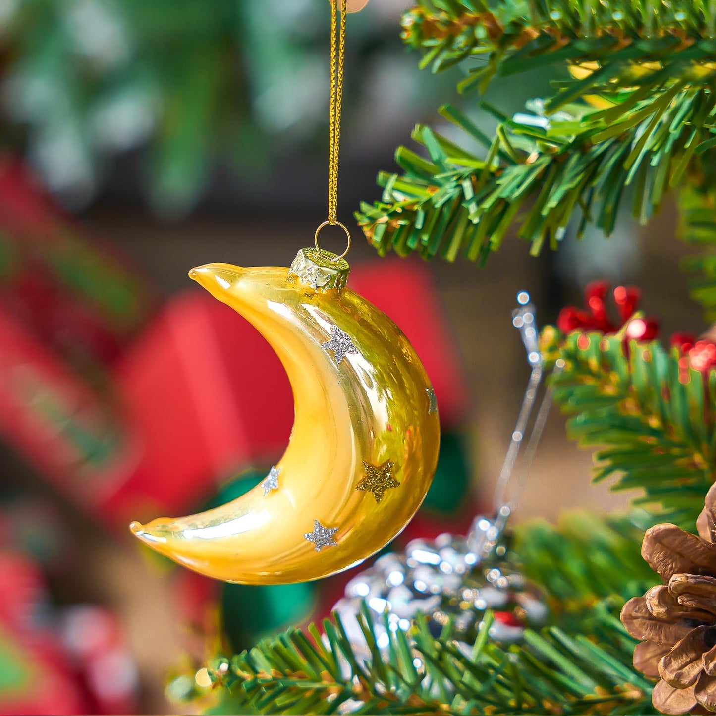 Glitter Blown Glass Moon Decorations for Tree Hanging Ornament